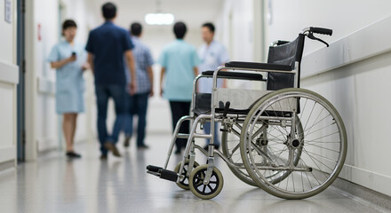 Fototapeta premium Empty wheelchair in hospital corridor with healthcare workers passing by 