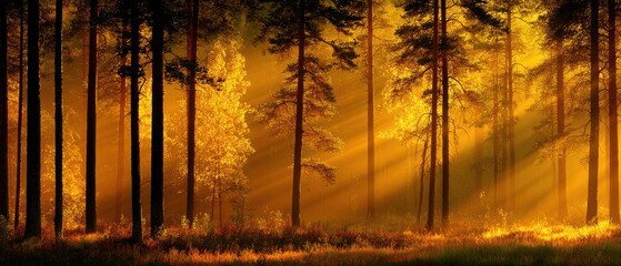 Serene forest landscape du golden hour with tall trees illuminated by warm sunlight and peaceful natural ambiance scenery