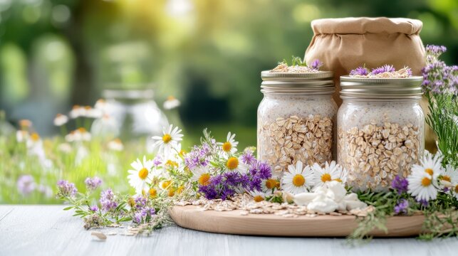 Oatmeal in Mason Jars with Wildflowers: A Rustic and Healthy Breakfast Concept in a Natural Outdoor Setting, Perfect for a Vegan Lifestyle