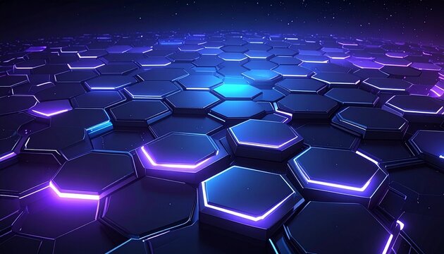 Abstract digital surface with glowing blue & purple hexagons. Sci-fi tech background. - Powered by Adobe