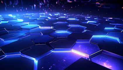 Abstract background with glowing blue and purple hexagonal tiles, digital energy.