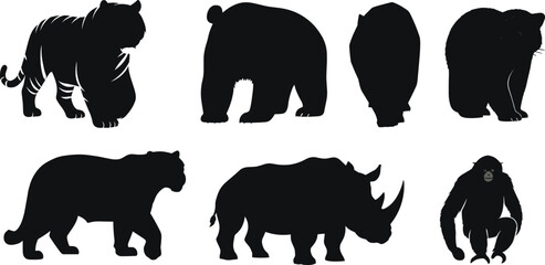 Wild animal silhouettes collection featuring tiger, bear, hippo, sloth, panther, rhino, and chimpanzee isolated vector wildlife illustration design
