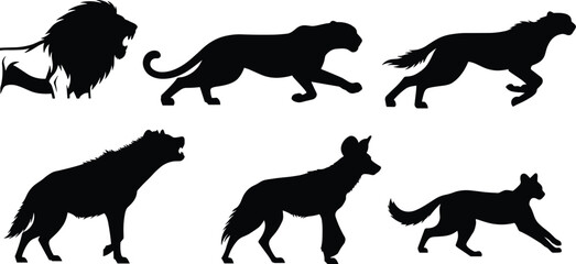 Wild animal predator silhouettes set, lion panther cheetah hyena wild dog cougar vector illustration, African wildlife hunting nature design