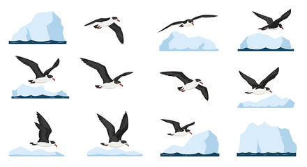 Fototapeta premium Antarctic seabirds flying near icebergs in a repeating pattern