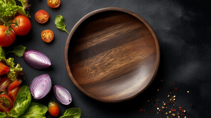 Empty wooden salad bowl with fresh vegetables on black background