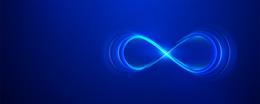 Blue glowing infinity symbol on a dark gradient background