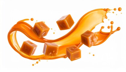 Caramel cubes with splash of caramel liquid on white background.