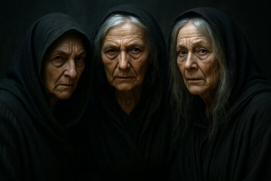 Three Witches from Macbeth in dark cloaks