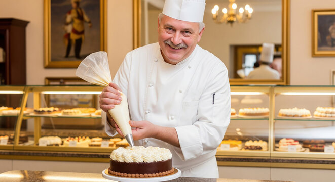 Happy senior male pastry chef decorating a chocolate cake with cream in his classic patisserie