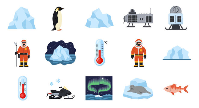 Collection of cartoon icons related to arctic and antarctic environments and activities