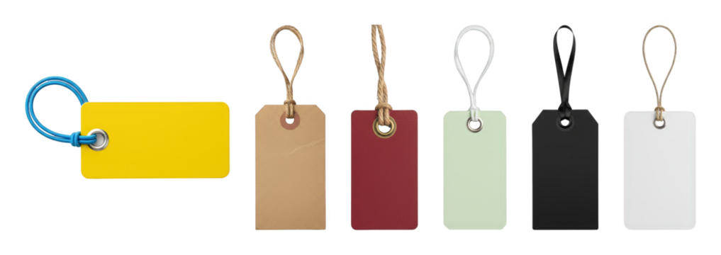 Blank retail tags set including yellow, kraft, red, green, black, and white versions with various cords isolated. Ideal for pricing, gifts, or labeling.