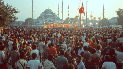 A large crowd of people gathers in front of the yeni cami mosque in istanbul, turkey, during a religious event on a sunny day with flag