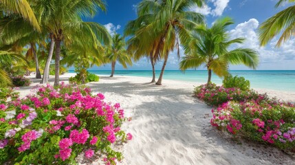 Scenic tropical beach with lush green palm trees vibrant pink flowers white sandy shoreline and clear blue ocean under a bright sky