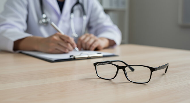 Doctor writing notes with eyeglasses on table in medical office  