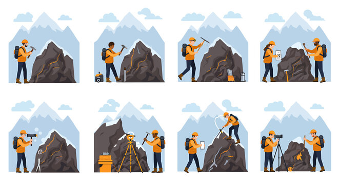 Eight scenes depict geologists or miners conducting fieldwork on rocky mountainsides