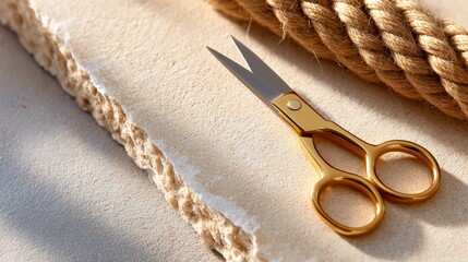Golden scissors on rustic surface with coiled rope in sunlight