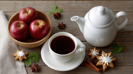 Cozy autumn tea setting with apples and spiced cookies on rustic table