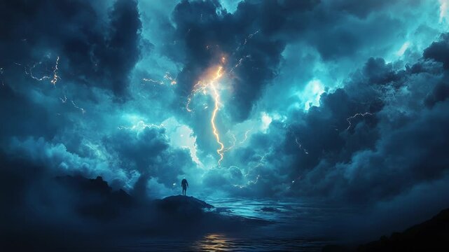 Person standing on cliff watching powerful lightning storm