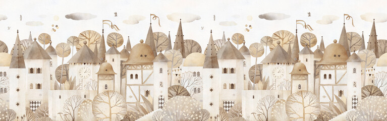 Fairytale city. Lovely old houses. Decor for a children room. Watercolor background. Horizontal seamless pattern. Beige color. Vintage style.