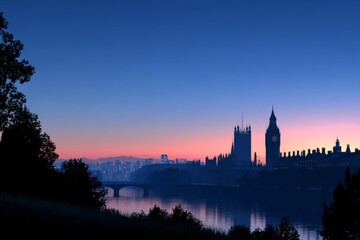 Serene dawn over london skyline with big ben and river thames