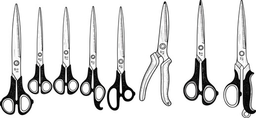 Set of Various Scissors in Different Sizes and Styles for Crafting, Sewing, Office, School, and Professional Cutting Tools Illustration