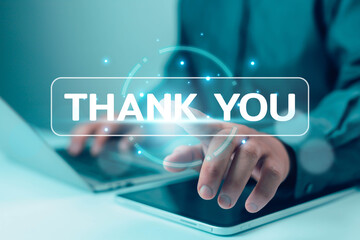 Businessman touching digital thank you text on virtual screen with technology interface, symbolizing communication, connection, appreciation, and modern digital interaction concept.
