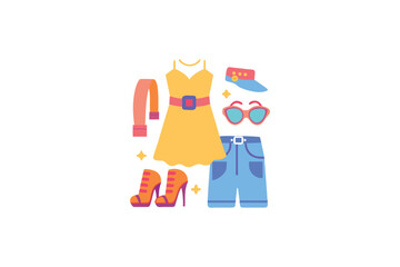 Naklejka premium Colorful summer clothing items arranged in a playful flat design silhouette