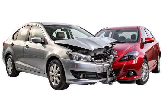 Silver sedan and red car, collided with damaged front ends, cutout, PNG isolated on white or transparent background