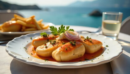 A plate of stuffed pasta with tomato sauce and a side of french fries by the ocean on a sunny day