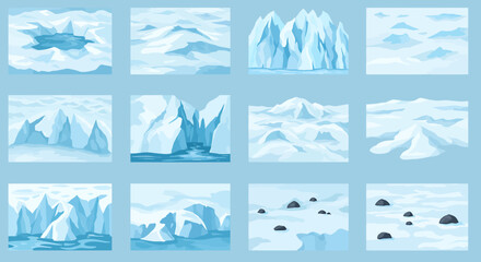Twelve illustrated arctic and icy landscape scenes in a grid format © Faisal