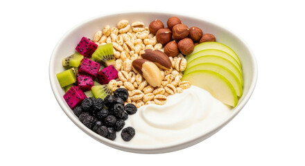Isolated breakfast bowl with healthy cereal, dragon fruit, nuts, yogurt, and sliced apple