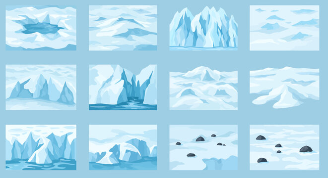 Twelve illustrated arctic and icy landscape scenes in a grid format