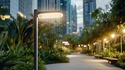 Naklejka premium Modern solar powered streetlamp illuminates lush urban pathway surrounded by greenery