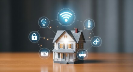 Smart home technology connected house futuristic digital icons wi-fi security automation