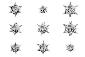 Polished metallic spike balls 3D rendered with a liquid metal aesthetic. Ideal design elements for abstract, edgy, and digital art projects.