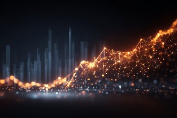Abstract data visualization depicting growing network with glowing dots and lines, overlaid on a background of rising bar graph columns, indicative of market growth.