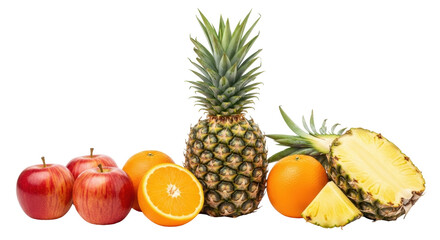 Isolated Tropical fruit mix of pineapple, orange and red apples in a composition