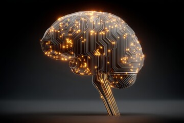Artificial Intelligence concept. Digital human brain model with circuit board design and glowing nodes, symbolising AI, data science, and neural networks technology.