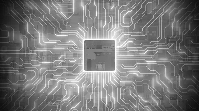 White and Black color 3d circuit board data moving CPU modern hi-tech artificial intelligence digital loop able technology background