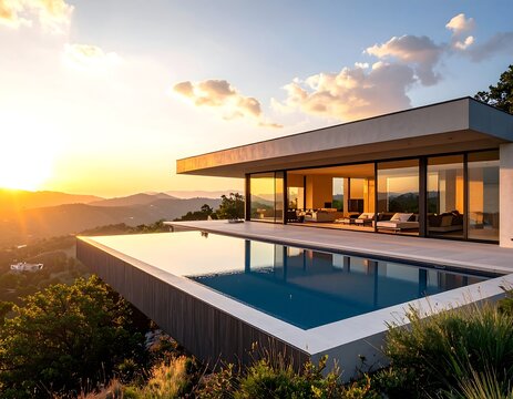 A modern architectural marvel with a luxurious pool overlooking a stunning sunset landscape. Expansive glass walls reflect the warm light