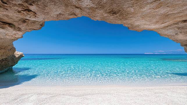 Crystal clear water and sandy beach framed by rocky arch create serene coastal scene