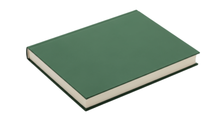 Isolated green hardcover book lies flat, showing its texture and its pages in neutral light