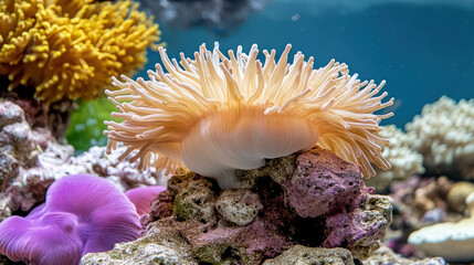 Vibrant coral reef showcasing colorful anemones and marine life in serene underwater scene