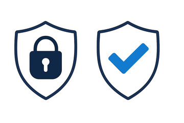 Two security shields showing locked padlock and successful verification checkmark symbols