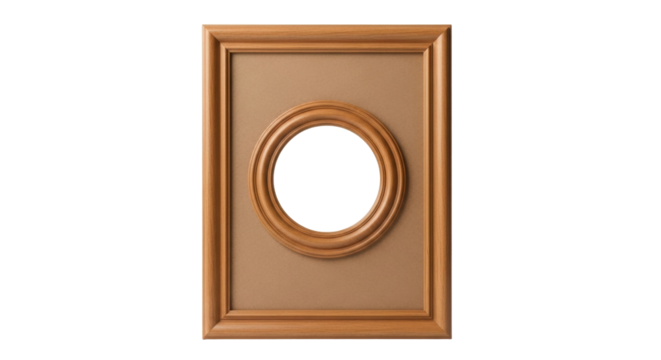 Isolated wooden photo frame with blank round space in the middle for customization