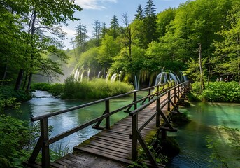 Wooden Bridge Over Turquoise Lake in Plitvice Lakes National Park.