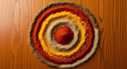 Aromatic spices arranged in concentric circles on a wooden surface evoking culinary artistry and colorful gastronomy
