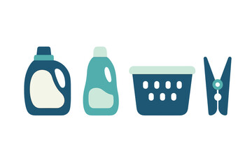 Collection of laundry essentials including detergent bottles clothes basket and clothespin