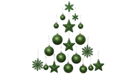 Isolated glitter ornaments tree, festive holiday decorations, green stars and balls