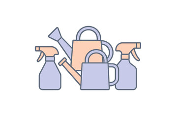 Essential garden tools set featuring watering cans and spray bottles for plant care